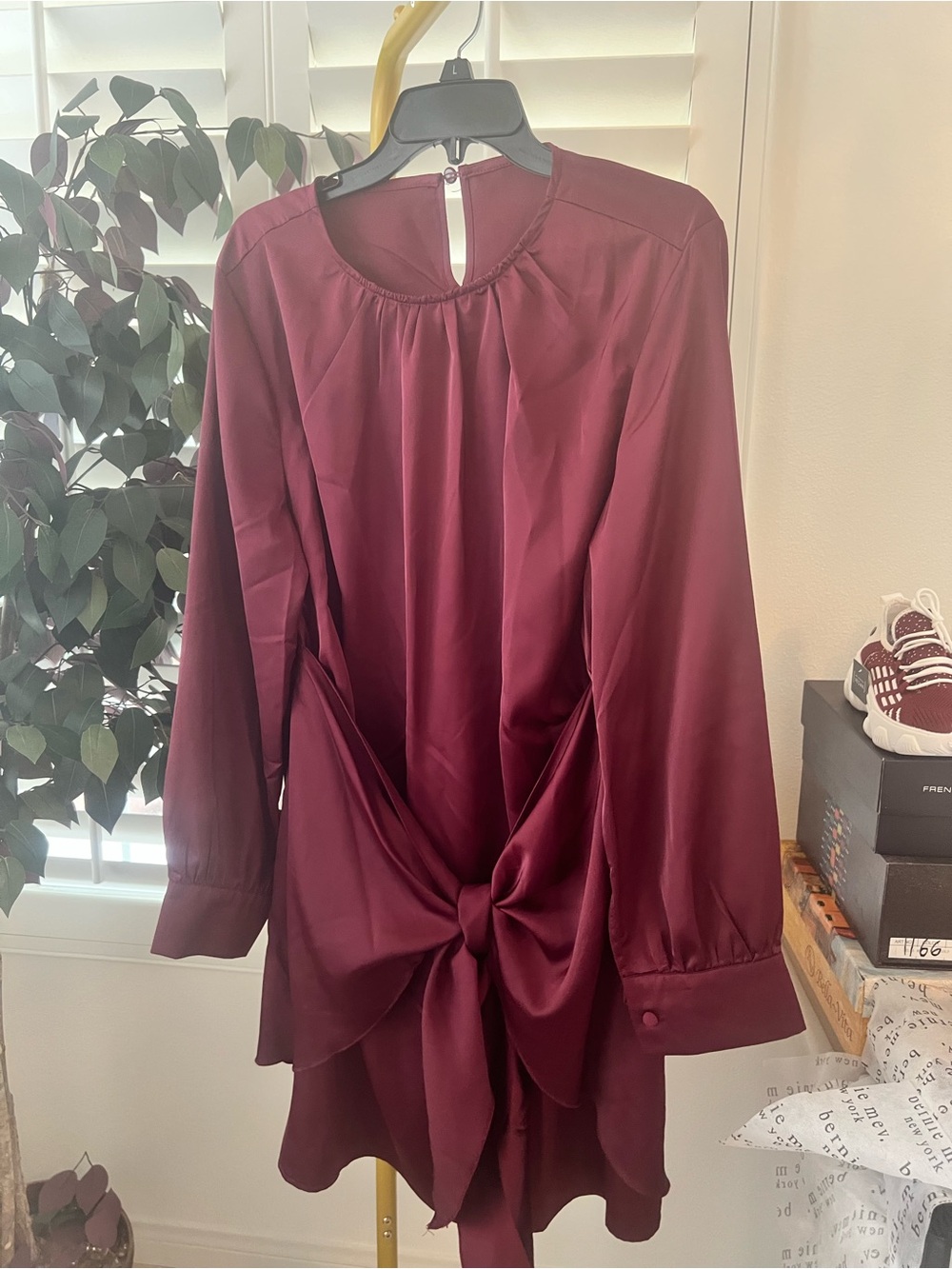 Wine Red Satin Midi Dress with Front Knot